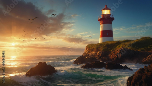 AI-Generated Oil Painting of a Lighthouse at Sunrise