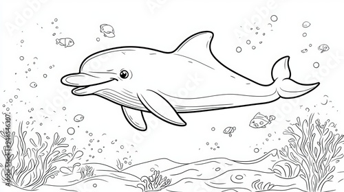 Cute dolphin outline with background coloring page for kids. Funny animal illustration  photo