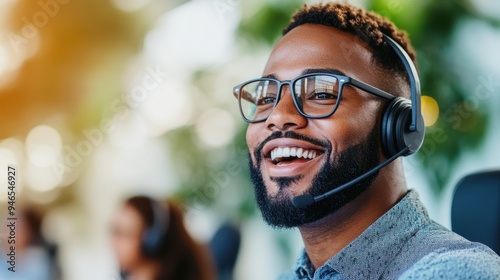 A customer support agent wearing glasses and a headset is focused while assisting customers from a call center, representing professionalism and dedication to customer service. photo