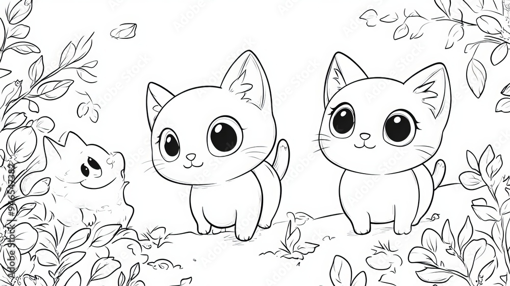 Obraz premium Download free printable kids' coloring pages featuring adorable cat designs. Engage your children in creative fun with these cute cat character illustrations perfect for coloring. 