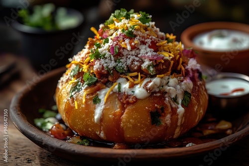 Vibrant Indian Raj Kachori with Yogurt and Chutneys: A Delectable Street Food Experience