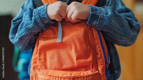 Child s Hands Holding Orange Backpack photo