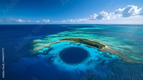 Aerial view of the blue hole on a beautiful coral reef in Great Exuma, an isolated circular structure that appears to be reaching out into deep water. The vast ocean is seen around it, with clear skie photo