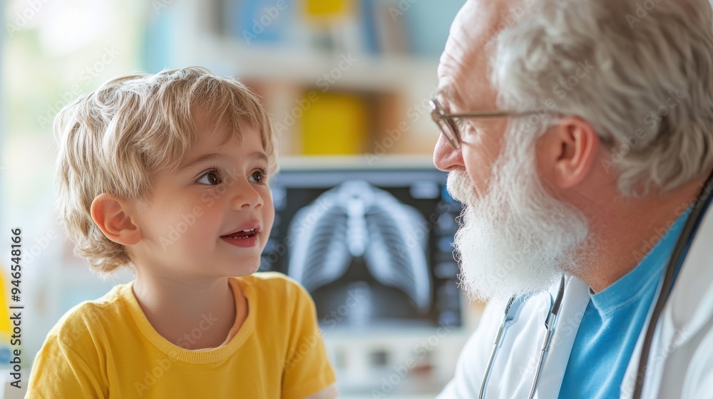 An elderly doctor in a white coat talks to a happy young boy in a bright room with a medical setting, showing caring interaction and understanding. An elderly doctor in a white coat talks to a happy young boy in a bright room with a medical setting, showing caring interaction and understanding.