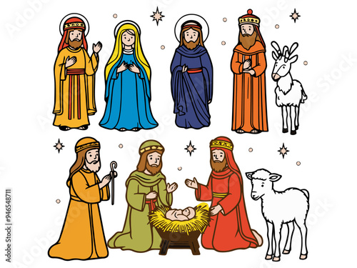 A set of pictures of a nativity scene, depicting baby Jesus, Mary, Joseph and the Magi in Bethlehem simple line drawing