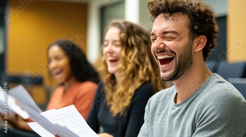 A man with curly hair laughs with fellow classmates during a drama class activity, showcasing joy, camaraderie, and the collaborative nature of their artistic pursuits. photo