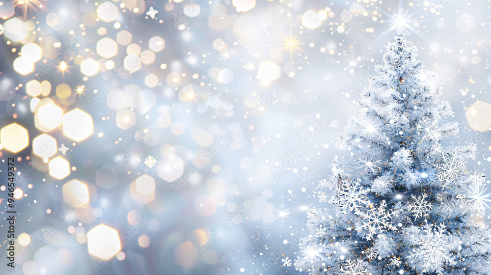 Sparkling snowy christmas tree in blue and white, evoking magic and celebration for the holiday season. Ideal for festive cards or designs with ample space for text Sparkling snowy christmas tree in blue and white, evoking magic and celebration for the holiday season. Ideal for festive cards or designs with ample space for text