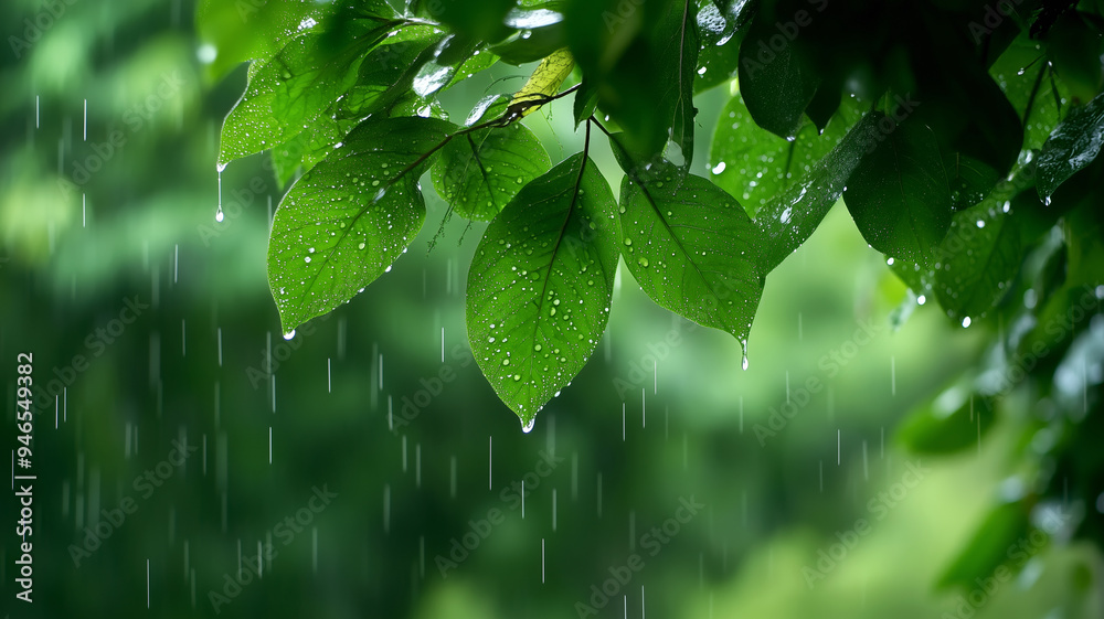 Droplets of rain delicately cling to vibrant green leaves, creating a serene and refreshing atmosphere in the midst of a lush forest. Droplets of rain delicately cling to vibrant green leaves, creating a serene and refreshing atmosphere in the midst of a lush forest.