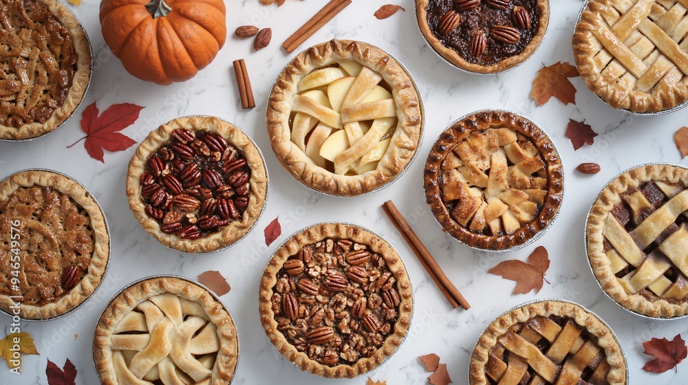 A flat lay featuring a selection of autumn pies, including apple, pecan, and pumpkin, with scattered cinnamon sticks and fallen leaves A flat lay featuring a selection of autumn pies, including apple, pecan, and pumpkin, with scattered cinnamon sticks and fallen leaves