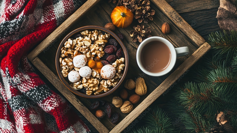 A flat lay of a cozy autumn snack, featuring spiced nuts, dried fruits, and a mug of hot cocoa, on a wooden tray with a plaid blanket A flat lay of a cozy autumn snack, featuring spiced nuts, dried fruits, and a mug of hot cocoa, on a wooden tray with a plaid blanket