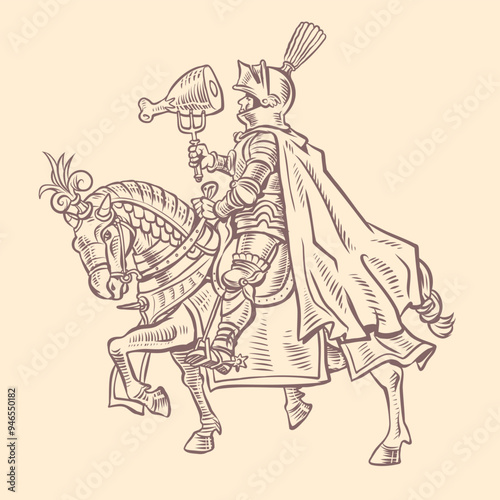 A knight in armor on an armored horse holds meat on a fork. Meat menu in a tavern, pub or bar. A medieval snack in the modern world.
