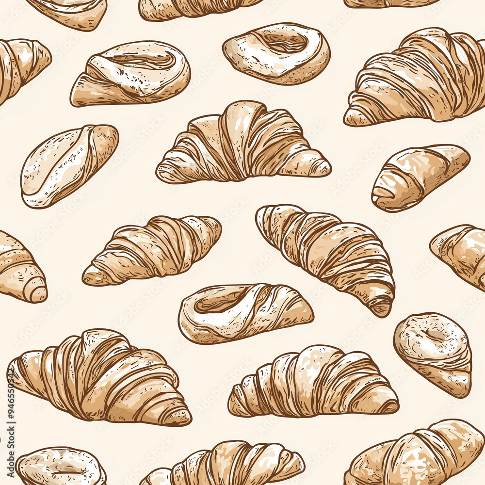 Bakery themed seamless background with croissants and other pasteries, hand drawn Bakery themed seamless background with croissants and other pasteries, hand drawn