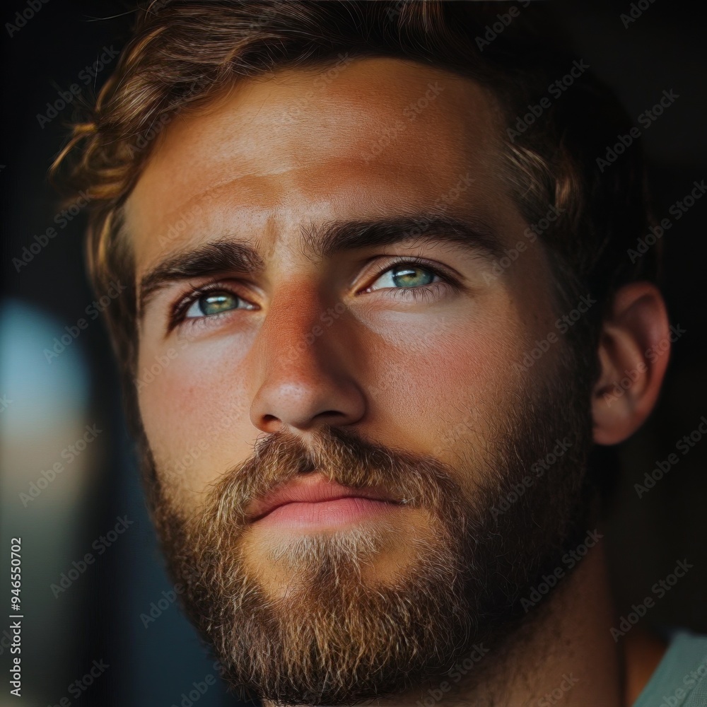 Obraz premium Young man with striking blue eyes and beard gazing thoughtfully while sitting indoors in natural light