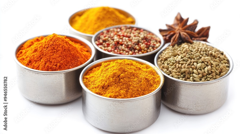 Assortment of Indian spices in small round metal containers, including turmeric, cumin, and coriander powder, on a white background, no people. Assortment of Indian spices in small round metal containers, including turmeric, cumin, and coriander powder, on a white background, no people.