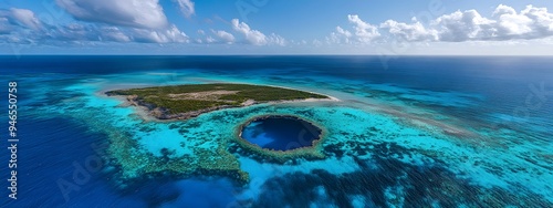 Aerial view of the blue hole on a beautiful coral reef in Great Exuma, an isolated circular structure that appears to be reaching out into deep water. The vast ocean is seen around it, with clear skie photo