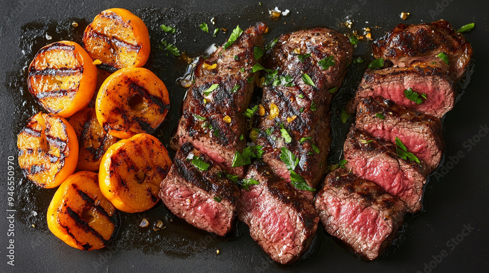 Juicy grilled steak with a garnish of roasted orange. Juicy grilled steak with a garnish of roasted orange.