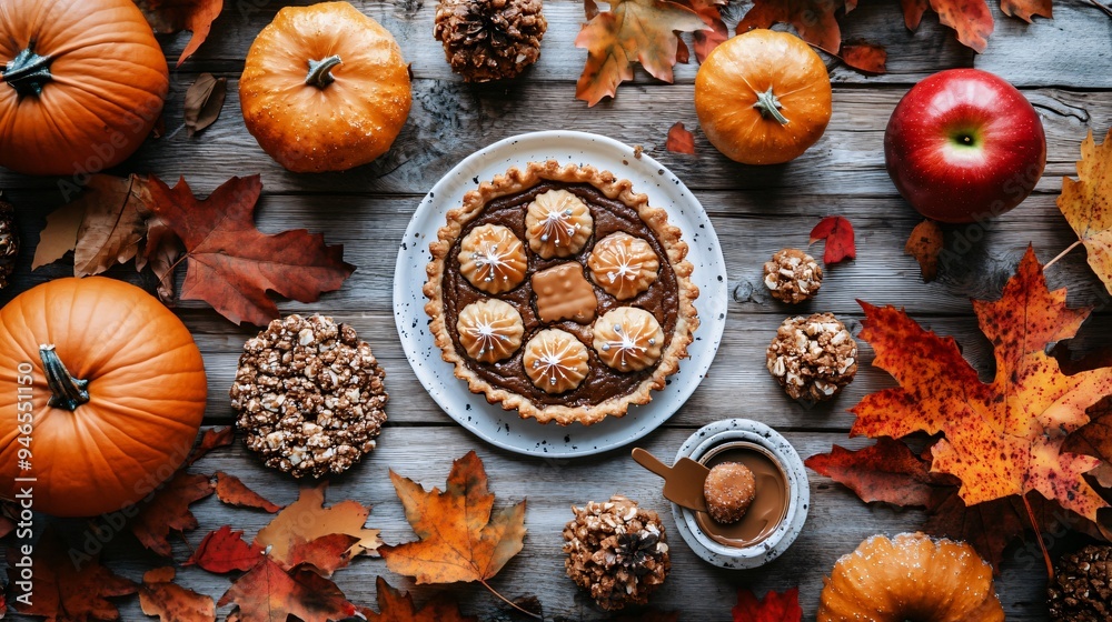A flat lay of a festive autumnal dessert table, featuring spiced cookies, mini pumpkin pies, and caramel apples, surrounded by fall leaves A flat lay of a festive autumnal dessert table, featuring spiced cookies, mini pumpkin pies, and caramel apples, surrounded by fall leaves