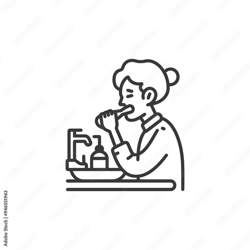 Line Art Illustration of a Person Brushing Their Teeth in a Bathroom Line Art Illustration of a Person Brushing Their Teeth in a Bathroom