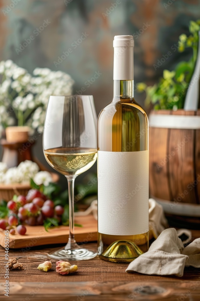 Obraz premium White Wine Bottle on a Table with White Flowers