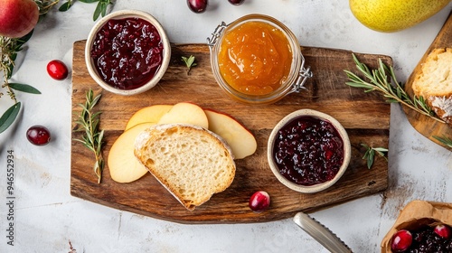 A flat lay of a selection of autumnal preserves, including apple butter, spiced pear jam, and cranberry chutney, with fresh bread