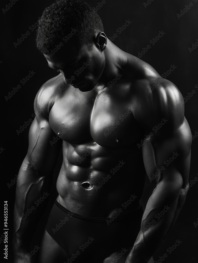 Fototapeta premium Muskulöser Bodybuilder posiert im dunklen Fotostudio. Dramatische Lowkey-Beleuchtung betont definierte Muskeln. Kraftvolle Silhouette vor schwarzem Hintergrund