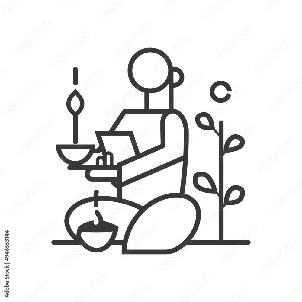 Line Art Illustration of a Person Sitting with Two Cups and a Plant Line Art Illustration of a Person Sitting with Two Cups and a Plant