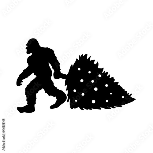 Bigfoot Silhouette Dragging Christmas Tree Vector Illustration