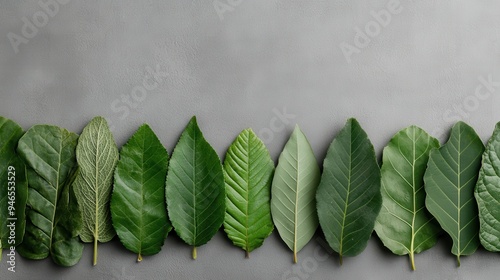 This image depicts various green leaves neatly aligned on a grey background, showcasing the aesthetic elegance and diversity of foliage against a neutral backdrop. photo