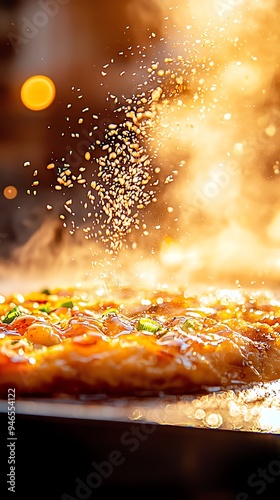 A sizzling plate of okonomiyaki topped with bonito flakes, drizzled with savory sauce and mayonnaise, photographed in a lively Osaka street food stall at night photo