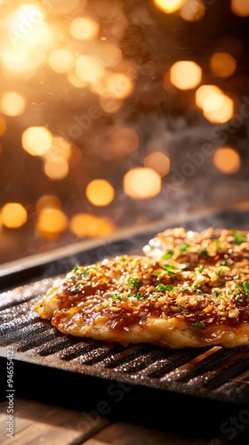 A sizzling plate of okonomiyaki topped with bonito flakes, drizzled with savory sauce and mayonnaise, photographed in a lively Osaka street food stall at night photo