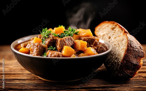 A steaming bowl of Westphalian Pfefferpotthast, a hearty beef stew, placed on a wooden dining table, with a loaf of dark rye bread on the side photo