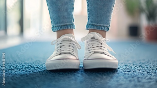 White Sneakers on Blue Carpet