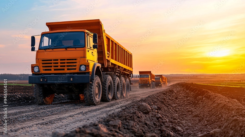 Dump Trucks on Dirt Road at Sunset. Dump Trucks on Dirt Road at Sunset.