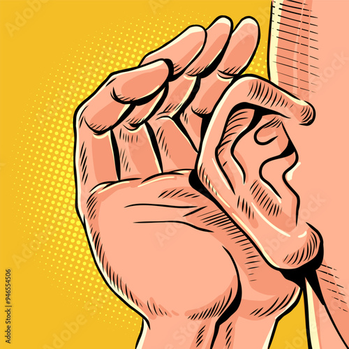 Human hand next to ear. Eavesdrop on other people's information and steal it. Rumors about new offers on the market.