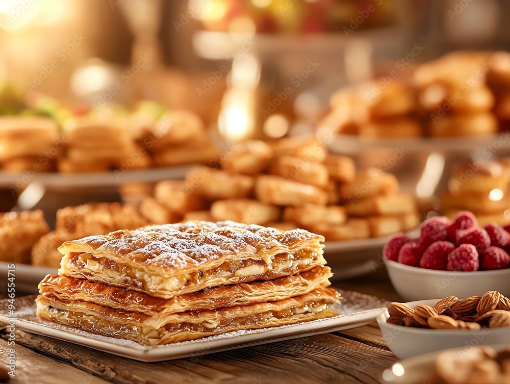 A traditional Greek dessert table with a centerpiece of Galaktoboureko