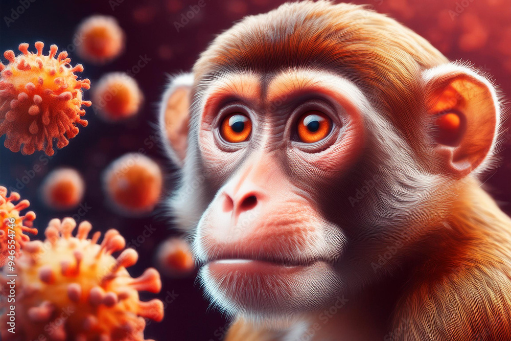 A monkey surrounded by realistic magnified models of virus cells, large and small. Diseases transmitted from primates. Virus-borne infectious diseases concept. A monkey surrounded by realistic magnified models of virus cells, large and small. Diseases transmitted from primates. Virus-borne infectious diseases concept.