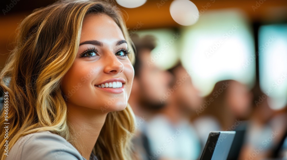A young woman is smiling and appears inspired in a classroom setting. Other students are learning in the background, creating an academic atmosphere filled with positivity and engagement. A young woman is smiling and appears inspired in a classroom setting. Other students are learning in the background, creating an academic atmosphere filled with positivity and engagement.