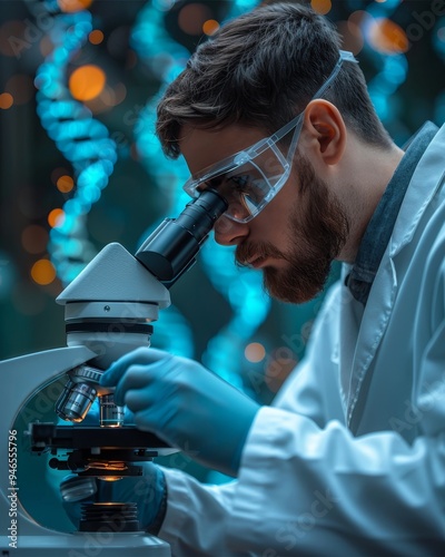Scientist in protective gear analyzes samples under microscope with dna helix graphic in lab