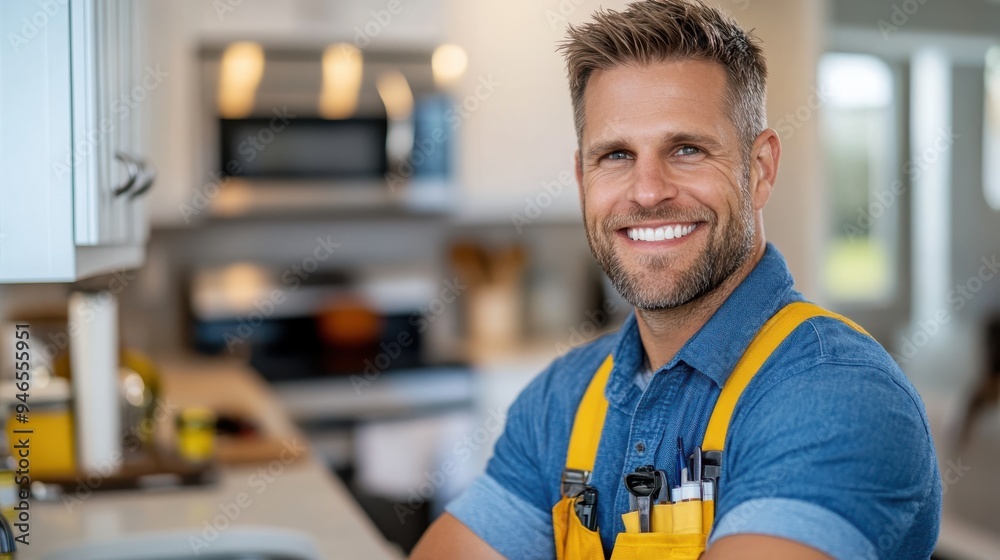 Smiling handyman posing confidently in a modern kitchen, wearing tools on his overalls, ready to start work, showcasing professionalism and friendliness. Smiling handyman posing confidently in a modern kitchen, wearing tools on his overalls, ready to start work, showcasing professionalism and friendliness.
