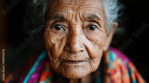 A close-up portrait of an elderly woman with deep wrinkles and expressive eyes, featuring bright traditional clothing that contrasts her age and wisdom.