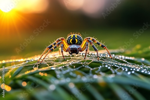 Spider spinning a web at dawn, captured in a photo where the dew-covered web glistens in the morning light photo