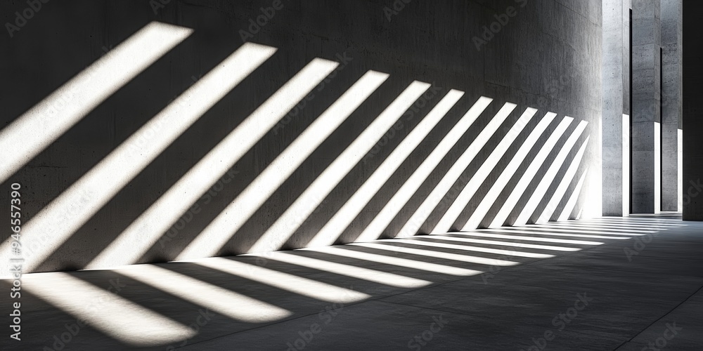 Fototapeta premium Sunlight casts sharp diagonal shadows on a smooth concrete surface, highlighting the minimalist architecture of the interior