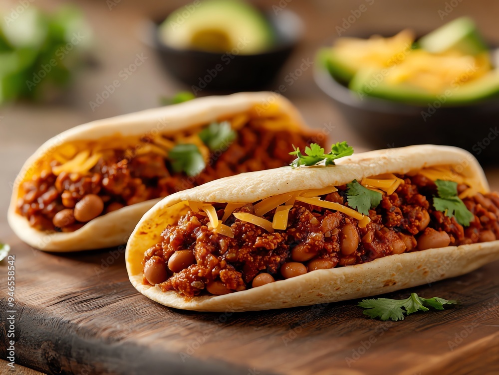 Detailed image of tlacoyos, ovalshaped masa cakes stuffed with beans, drizzled with salsa verde, and garnished with fresh cheese and avocado slices on a rustic board Detailed image of tlacoyos, ovalshaped masa cakes stuffed with beans, drizzled with salsa verde, and garnished with fresh cheese and avocado slices on a rustic board
