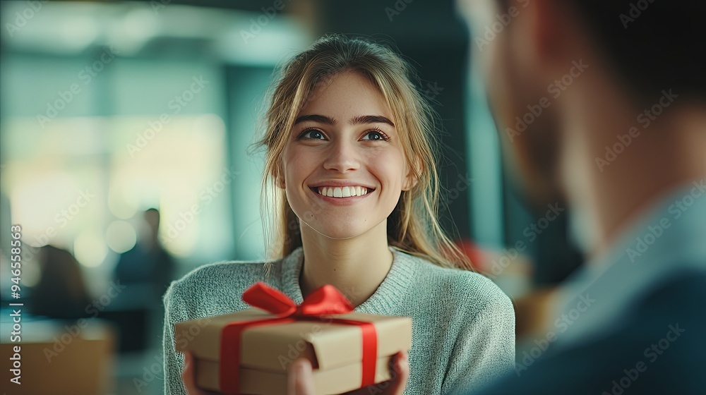 Happy Woman Receiving Gift Surprised and Smiling Happy Woman Receiving Gift Surprised and Smiling