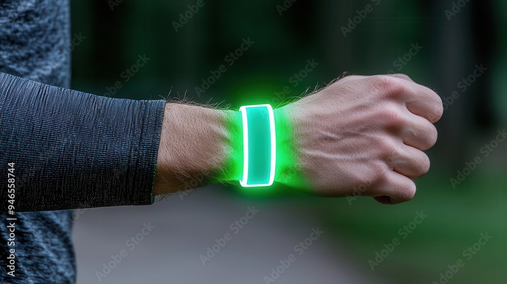 Fototapeta premium A luminescent wristband glowing brightly on a runner's arm in a dark park, photorealistic, hyper-resolution, safety meets style in the night