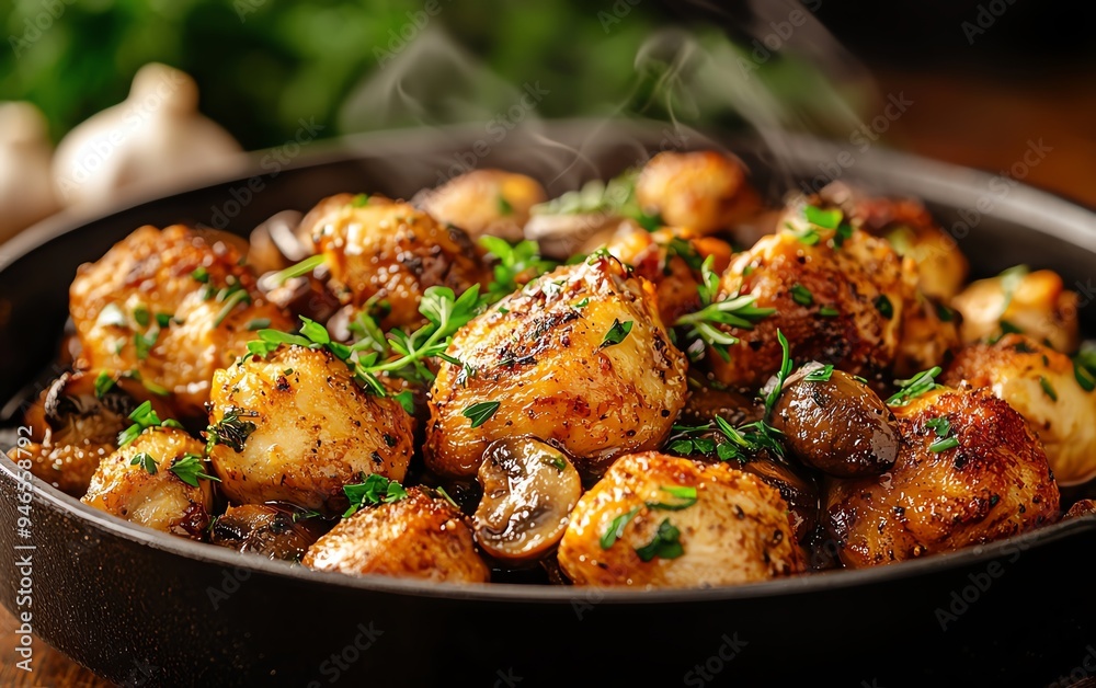 Elegant French countryside kitchen, a steaming pot of coq au vin with tender chicken pieces, mushrooms, and a rich, burgundy wine sauce, surrounded by fresh herbs and garlic cloves Elegant French countryside kitchen, a steaming pot of coq au vin with tender chicken pieces, mushrooms, and a rich, burgundy wine sauce, surrounded by fresh herbs and garlic cloves