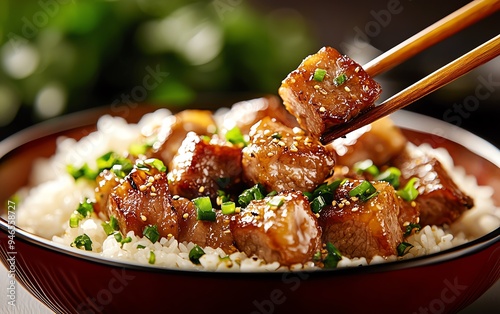 Dongpo pork from Hangzhou, a rich and tender braised pork belly with a glossy, caramelized exterior, served in a deep red lacquered bowl with a side of steamed rice