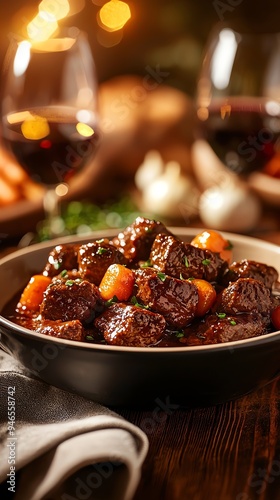 Elegant dining table set for a special occasion with a serving of beef bourguignon