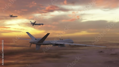Unmanned military drones fly in the sky. Close up on unmanned fighter drones flying above the clouds during sunset.