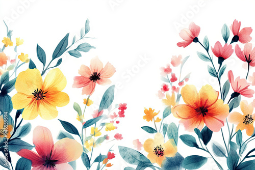 Watercolor texture featuring a hand-drawn floral set with colorful yellow, pink, and red blossom plants, ideal for cards, prints, and invitations. Vector format.
